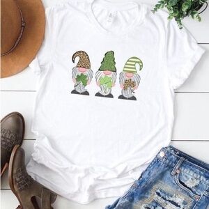 Bella Canvas White Short Sleeve Tee with Green and Leopard Gnome Trio